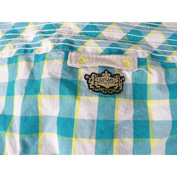 Akademiks Shirt XL Plaid Teal Yellow White Button Up Y2K Hip Hop Colorful Logo C - Picture 13 of 13
